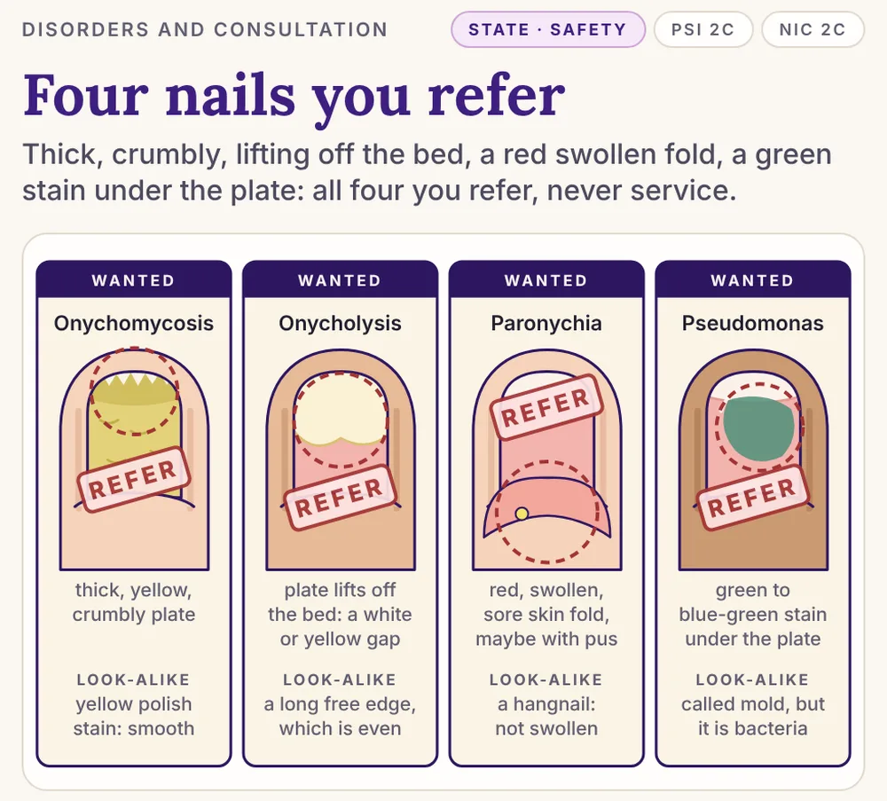 Book 1, page 41: Four nails you refer: onychomycosis, onycholysis, paronychia and pseudomonas